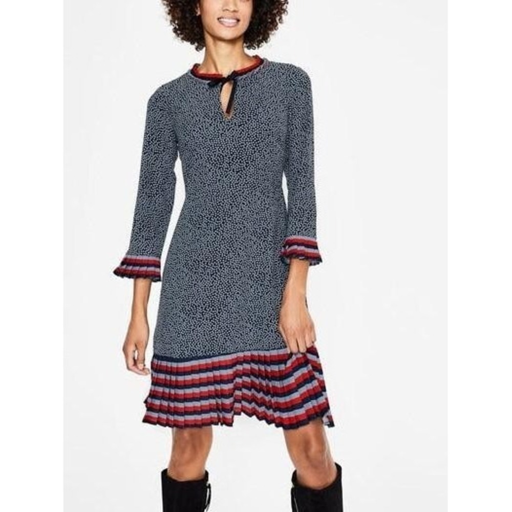 Boden Blue White Polka Dot Lara Pleat Shift 3/4 Sleeve Knee Length Dress Sz 12L